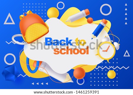 Back to school poster, banner design template. Vector 3d illustration of backpack, pencils, alarm clock and geometric shapes flying around white frame. Education modern blue gradient background.