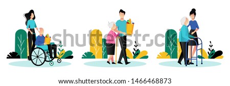 Social workers taking care about seniors people. Vector flat cartoon illustration. Volunteer young people help elderly people walk, ride wheelchair and shop.