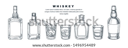 Whiskey bottles and glass with beverage and ice, vector sketch illustration. Scotch, brandy or liquor alcohol drinks. Bar menu design elements, isolated on white background.