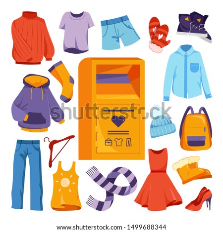 Clothes donation design elements. Vector flat cartoon illustration. City container box for used apparel or shoes donations. Urban street bin for social humanitarian aid.