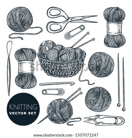 Knitting tools and wool yarn set, isolated on white background. Vector hand drawn sketch illustration. Craft and handmade needlework design elements. Fashion hobby outline icons.