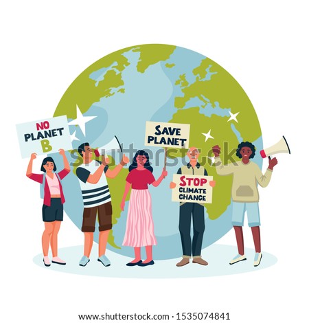 Environmental activists draw attention to climate change. Vector flat cartoon illustration of protesting eco-activists with posters on demonstration. Saving Earth planet, ecology concept.