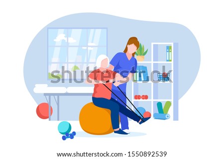Physiotherapist or rehabilitologist doctor rehabilitates elderly patient. Vector flat cartoon illustration of physiotherapy rehab and injury recovery. Senior woman doing exercises on fitball.