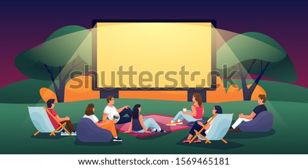 Outdoor evening cinema in summer park. Vector flat cartoon illustration. People watching movie in open-air cinema. Film festival, events and entertainment concept.