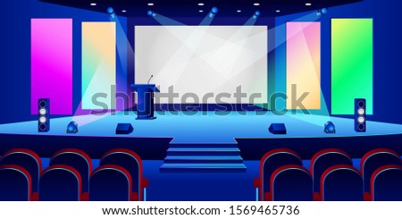 Conference hall interior. Empty white presentation screen in dark auditorium. Vector illustration. Seminar, business training or entertainment concept.