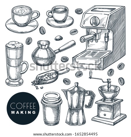 Coffee making icons set. Vector hand drawn sketch illustration. Cup with hot drinks, espresso, cappuccino, latte, isolated on white background. Cafe menu, vintage labels or packaging design elements