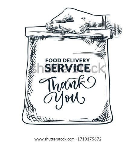 Human hand holding lunch paper bag. Food delivery service concept. Banner, poster design template with Thank you calligraphy lettering. Vector hand drawn sketch illustration of take away meal package