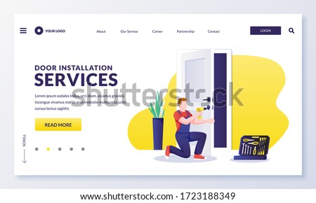 Door repair and installation service. Handyman makes door lock repair works with screwdriver. Vector flat cartoon character worker illustration. Home maintenance services concept