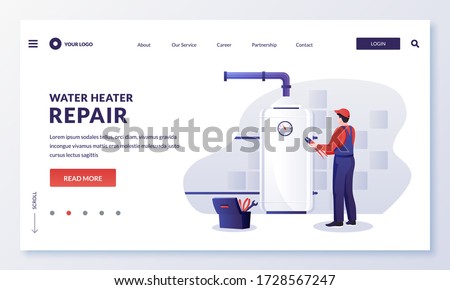 Plumber worker repairs or install water heater or boiler. Handyman makes house repair works. Vector flat cartoon character illustration. Home repair, maintenance and plumbing services concept