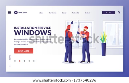 Plastic window repair and installation service. Handymen replace old windows to new ones. Vector flat cartoon character worker illustration. Home maintenance services and improvement concept