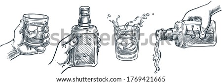 Human hand holding whiskey or liquor glass. Scotch whisky or brandy pouring out of bottle. Vector hand drawn sketch illustration. Alcohol drinks isolated on white background. Bar menu design elements