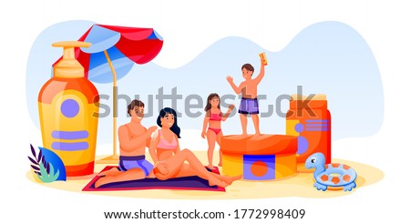 Family with kids use sunblock cosmetic. Father, mother, son, daughter sunbathing on beach. Summer face and body solar protection concept. Vector illustration of skincare sunscreen cosmetics packaging