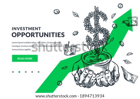 Investment and finance growth business concept. Human hands hold growing dollar tree on green arrow background. Hand drawn vector sketch illustration. Poster banner design