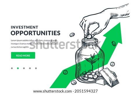 Investment, saving money and finance growth business concept. Human hand putting coin in clear glass jar on green arrow background. Hand drawn vector sketch illustration. Poster banner design Imagine de stoc © 