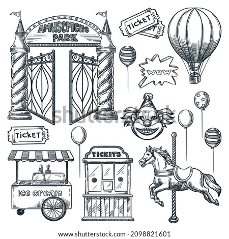 Amusement park design elements collection. Vector hand drawn sketch illustration. Entrance gates, ticket office, horse carousel element, ice cream cart and clown face isolated icons