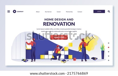 Workers does home design renovation works. Tiler laying tiles. Painter paints wall and glues wallpaper. Vector flat cartoon illustration. Home restoration and decoration service concept