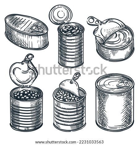 Metal cans, jars containers set isolated on white background. Food in tins, hand drawn vector sketch illustration. Grocery supermarket design elements collection