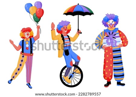 Colorful circus clowns set isolated on white background. Vector flat cartoon illustration of funny jokers in carnival costumes. Amusement park or birthday party design elements