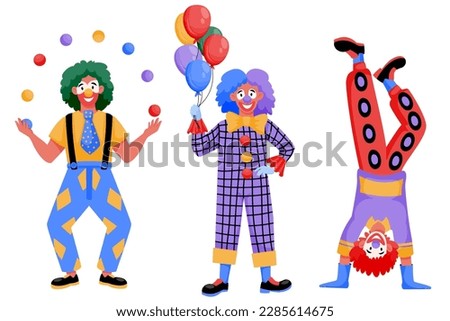 Men in clowns costumes set isolated on white background. Vector flat cartoon illustration of funny jokers. Amusement park, circus or birthday party design elements