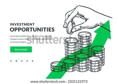 Human hand putting coin to stack of coins on green arrow background. Investment, saving money and finance growth business concept. Hand drawn vector sketch illustration for poster or banner design