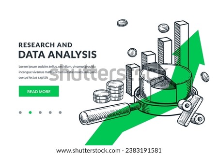 Business data analysis and research concept. Magnifying glass with diagram on green arrow background. Hand drawn vector sketch illustration. Investment and finance banner poster design