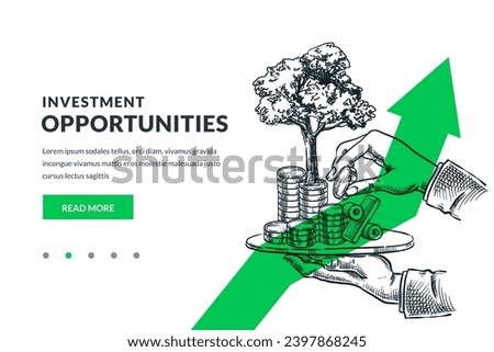 Human hand holding tray with tree growing on stack of coins. Hand drawn vector sketch illustration. Investment, saving money and finance growth business concept