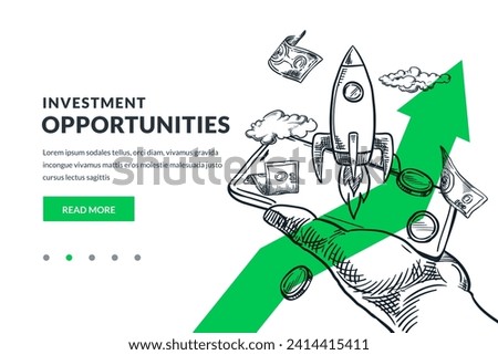 Investment, market trade, finance concept. Rocket and money fly out of smartphone screen. Hand drawn vector sketch illustration of mobile phone trading. Business startup poster banner design template