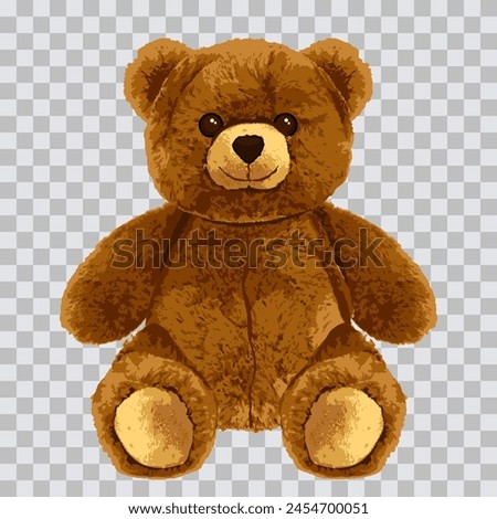 Bear toy realistic vector illustration isolated on transparent background. Cute teddy soft doll character. Fashion print or poster design element