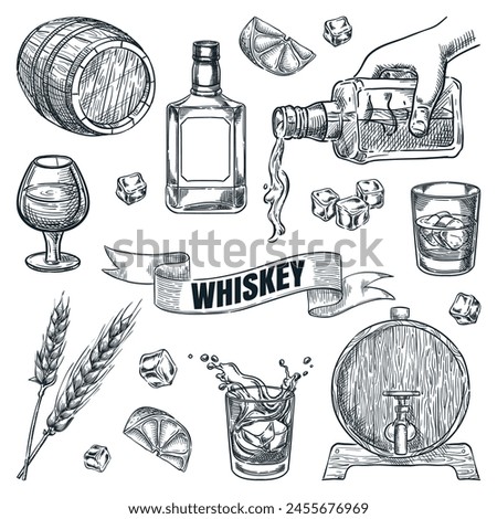 Whiskey icons collection isolated on white background. Glasses, bottle, barrel hand drawn elements for pub and bar menu design. Vector sketch illustration