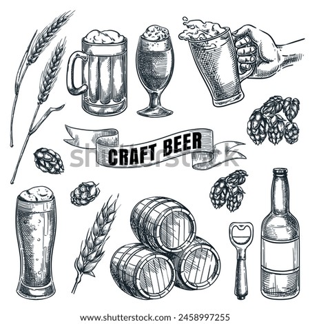 Craft beer and brewery vector hand drawn sketch illustration. Bottles, barrels and glasses design elements for pub and bar alcohol drinks menu