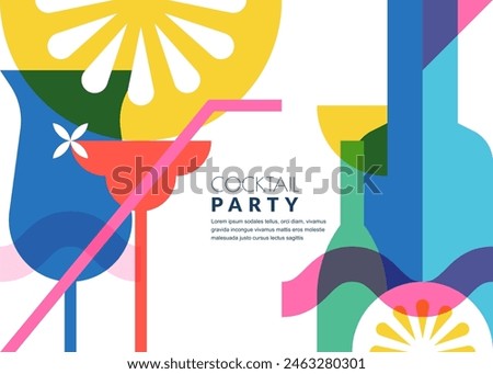 Cocktail party abstract color block geometric background. Multicolor drinking glasses and bottles. Vector flat illustration. Banner, poster, flyer, bar alcohol list menu design elements