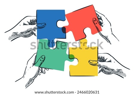 Human hands holding colorful pieces of puzzle. Vector hand drawn sketch illustration. Business team solving problem, joining and connecting jigsaw. Teamwork, partnership, business solution concept