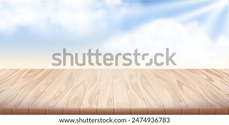 Wooden table and blue sunshine sky with clouds. Summer or spring picnic background. Empty space food table. Tabletop advertisement backdrop