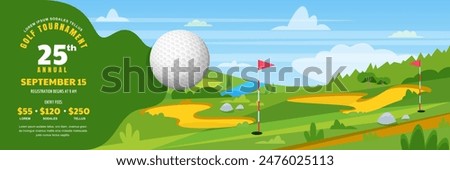 Flying golf ball on green golf course background. Banner, poster, flyer design template. Spring or summer hills landscape with flags on lawn. Vector flat cartoon outdoor sport illustration