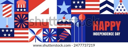 Happy USA Independence Day. 4th of July geometric design with American flag, symbols on color block squares background. Vector flat illustration. Banner, poster, holiday greeting card, print template