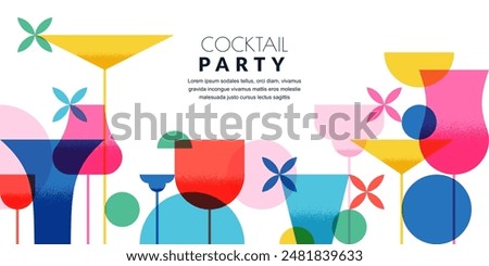 Cocktails party horizontal banner, poster, flyer template. Vector flat illustration. Abstract geometric color design. Alcoholic, non-alcoholic drinks cocktail menu, bar elements on white background