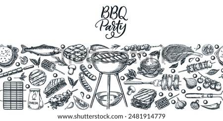 BBQ party picnic meal menu seamless horizontal background. Vector hand drawn sketch illustration of grilled food and snacks. Banner, poster, label package design elements