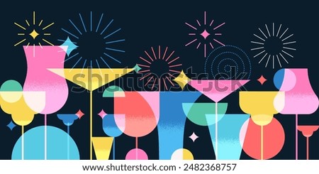 Night party banner, poster with colorful cocktails, fireworks. Vector illustration. Abstract geometric color design. Alcoholic, non-alcoholic drinks cocktail menu, bar elements on black background