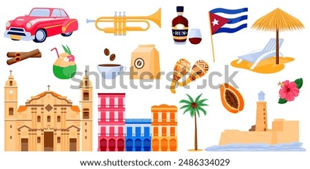 Travel to Cuba vector icons and design elements set. Traditional cuban symbols. Beautiful Havana architecture, pink car, cigar, rum, flag isolated on white background