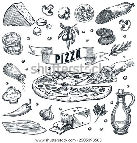 Italian pizza and ingredients set, isolated on white background. Hand drawn vector sketch illustration. Cooking recipes or pizzeria menu design elements