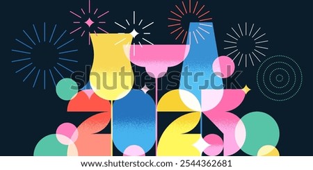 2025 New Year night party banner, poster with colorful cocktails, wine, champagne, fireworks. Vector flat illustration. Alcoholic, non-alcoholic drinks cocktail menu, bar elements on black background