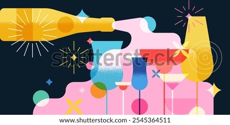 Night party banner, poster design with liquid champagne, bottle, cocktails, fireworks. Vector flat geometric illustration. Alcoholic, non-alcoholic drinks menu, bar elements on black background