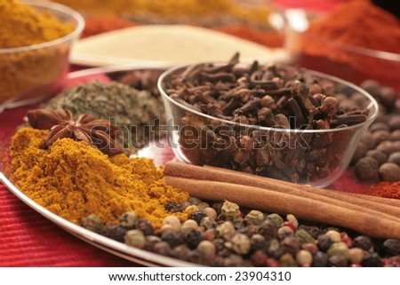 Spices in small glass bowl and glass plate on red background