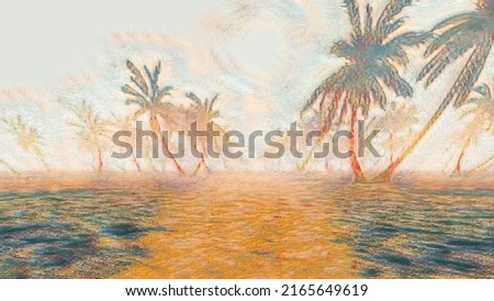 Palm trees oil painting effect. 3d animation