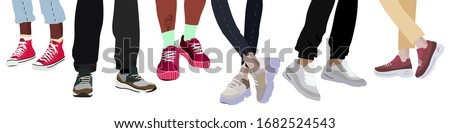 Vector set. Women and man legs  in the stylish sneakers. Summer theme.  Hand drawn vector colored trendy illustration. Flat design