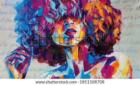 Louise - oil painting. Conceptual abstract picture of a beautiful girl. On the background is written text from a book. Conceptual abstract closeup of an oil painting and palette knife on canvas. 