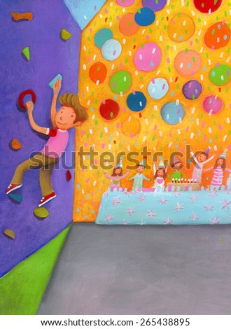 boy climbs wall during indoor activity. group of children are having a party at the background / wall climbing / going up to party
