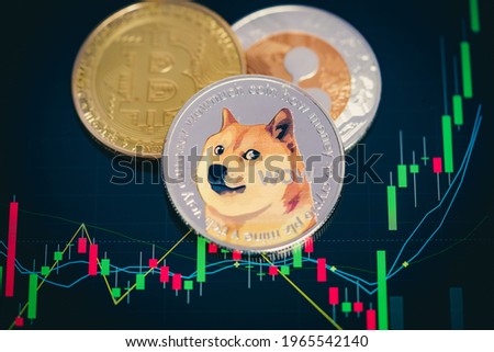 Focus select and blur Dogecoin cryptocurrency silver symbol and stock chart candlestick on tablets. Use technology cryptocurrency blockchain. with Capital Gain, Fundamental.