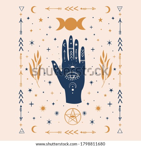 Hamsa Hands graphic illustration with mystical and occult hand drawn symbols like triple goddess moon, pentacle, evil eye. Vector illustration. Halloween,wicca, astrological and esoteric concept. Stock foto © 