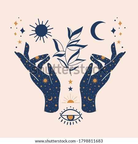 Vector illustration of mystical mudra hands, celestial symbols of sun, moon and stars. Esoteric, spiritual, wicca occult inspired concept. Perfect for Tshirt graphic, cards etc.